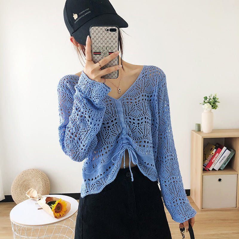 Long-sleeved mesh summer top drawstring hollow V-neck blouse thin section