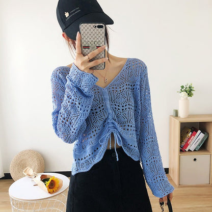 Long-sleeved mesh summer top drawstring hollow V-neck blouse thin section