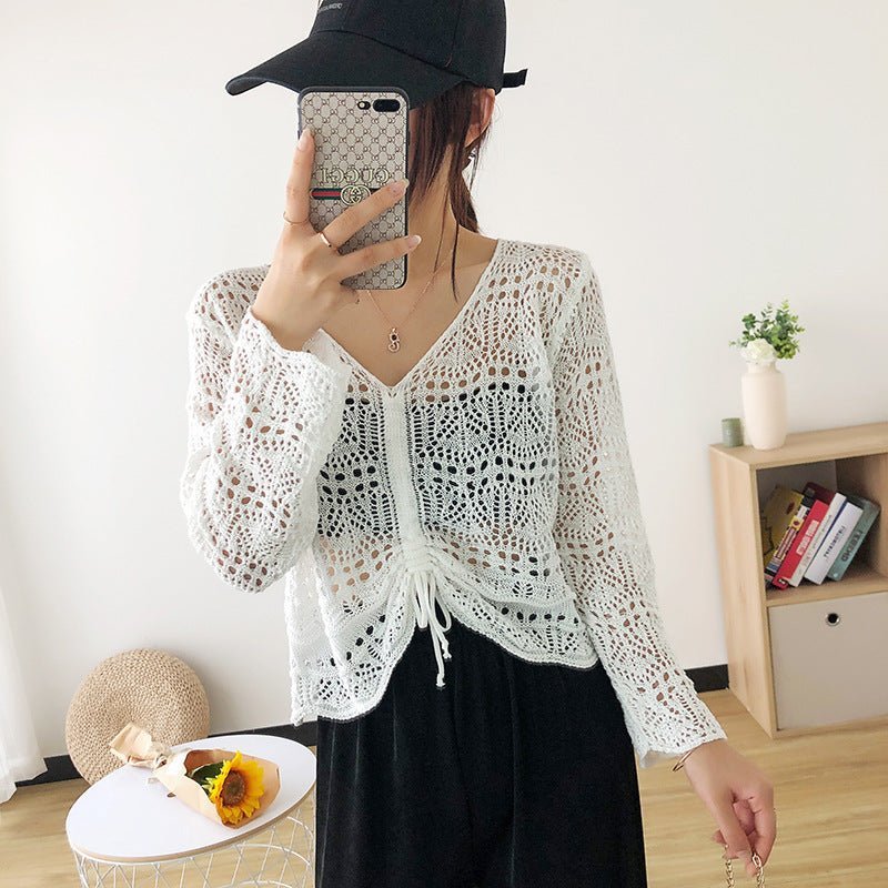 Long-sleeved mesh summer top drawstring hollow V-neck blouse thin section