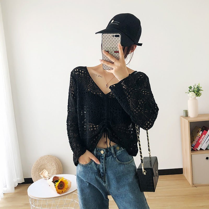 Long-sleeved mesh summer top drawstring hollow V-neck blouse thin section