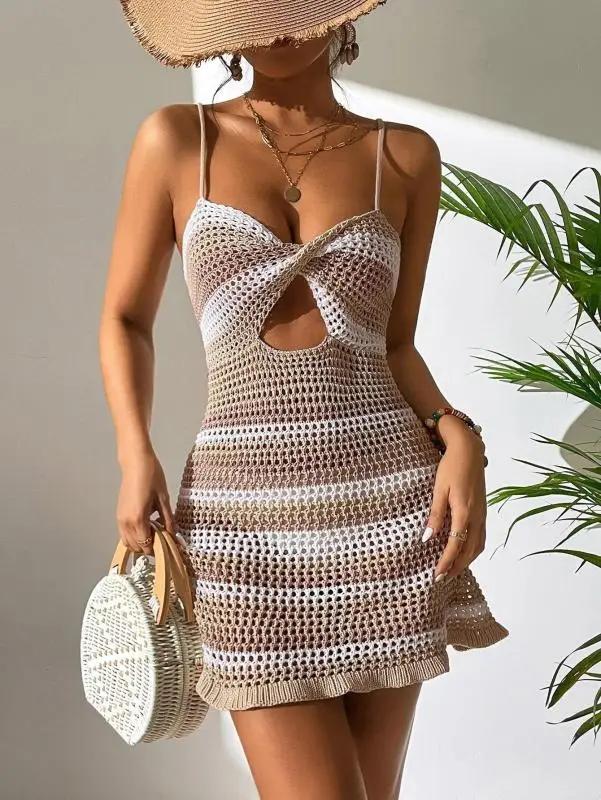 Sexy dress striped backless resort style suspender swimsuit cover skirt