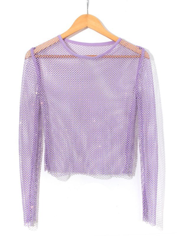 Mesh-Flash-Diamant-Langarm-Top für Damen, sexy Nachtclub, heißes Mädchen, Netz-T-Shirt 