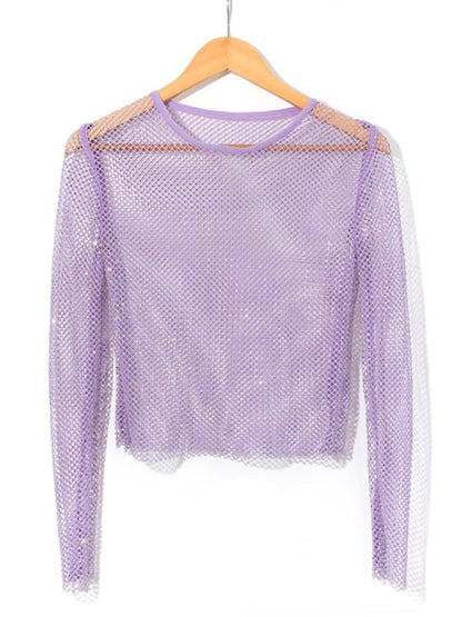 Mesh flash diamond long-sleeved top female sexy nightclub hot girl fishnet T-shirt