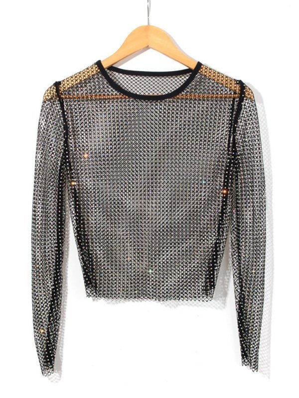 Mesh-Flash-Diamant-Langarm-Top für Damen, sexy Nachtclub, heißes Mädchen, Netz-T-Shirt 