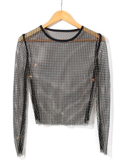 Mesh flash diamond long-sleeved top female sexy nightclub hot girl fishnet T-shirt