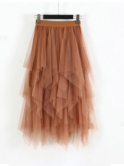 Mesh splicing skirt high waist slimming solid color mid-length fairy skirt