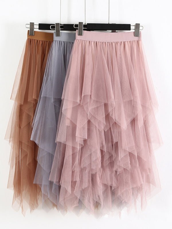 Mesh splicing skirt high waist slimming solid color mid-length fairy skirt