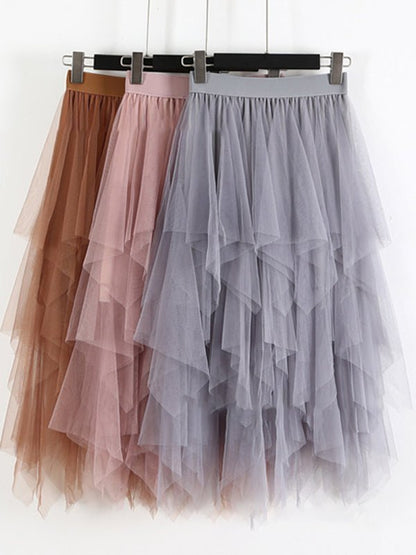 Mesh splicing skirt high waist slimming solid color mid-length fairy skirt