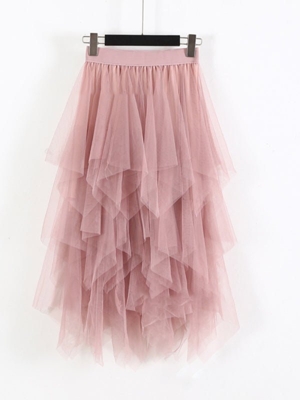 Mesh splicing skirt high waist slimming solid color mid-length fairy skirt