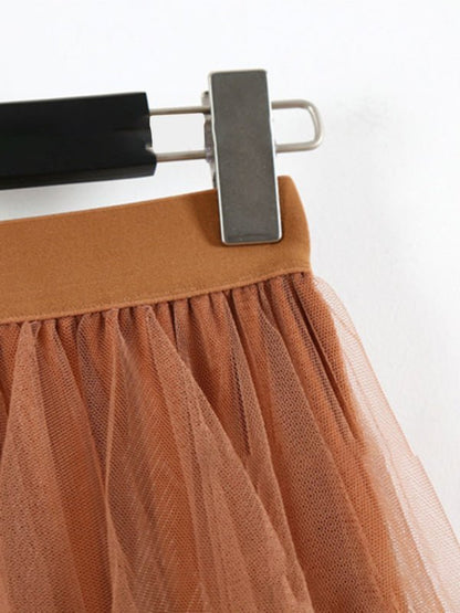 Mesh splicing skirt high waist slimming solid color mid-length fairy skirt