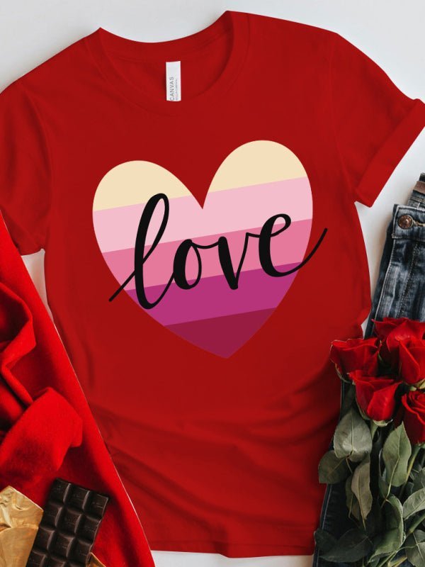 T-Shirt-Oberteil mit Farbverlaufsherz-LOVE-Aufdruck zum Muttertag und zum Valentinstag 