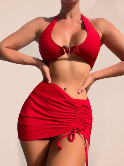 Mehrfarbiger Schmetterlings-dreiteiliger Bikini mit Kordelzug, sexy zweiteiliger Damen-Badeanzug 