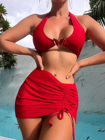 Mehrfarbiger Schmetterlings-dreiteiliger Bikini mit Kordelzug, sexy zweiteiliger Damen-Badeanzug 