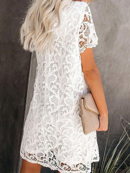 New casual and elegant round neck hollow lace midi dress