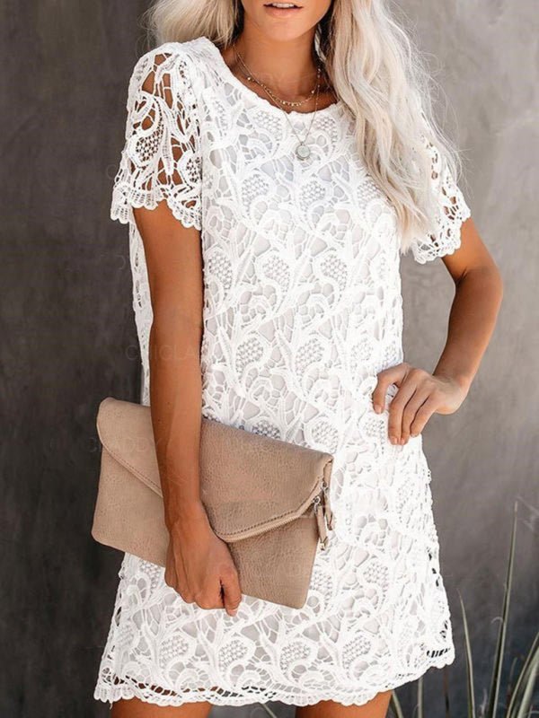 New casual and elegant round neck hollow lace midi dress