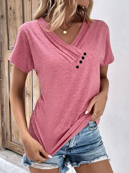 New casual vacation comfortable loose collar short-sleeved T-shirt sweater button top