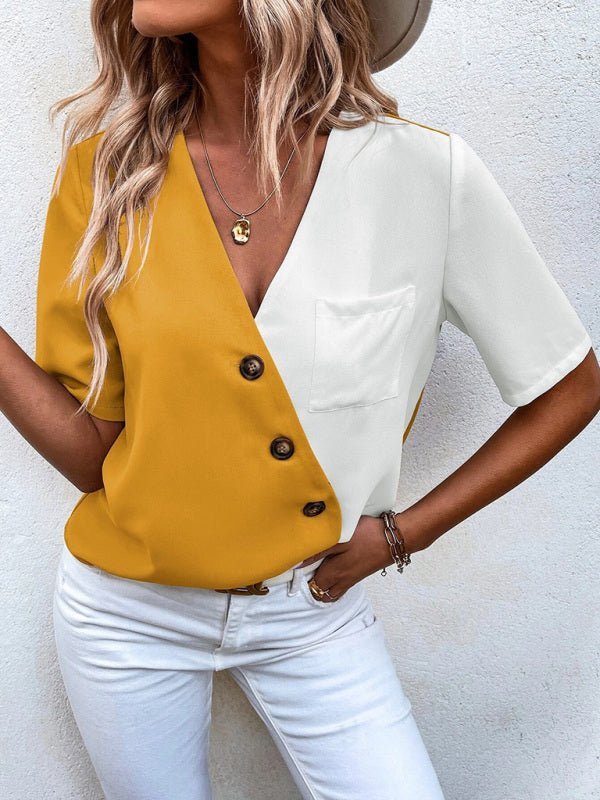 New chiffon V-neck casual fashion color contrast short-sleeved shirt