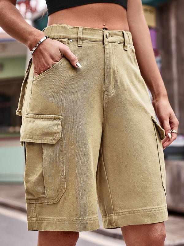 New Elastic Waist Denim Cargo Cropped Shorts