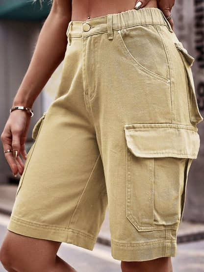 New Elastic Waist Denim Cargo Cropped Shorts