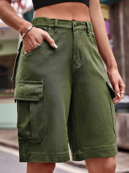 New Elastic Waist Denim Cargo Cropped Shorts