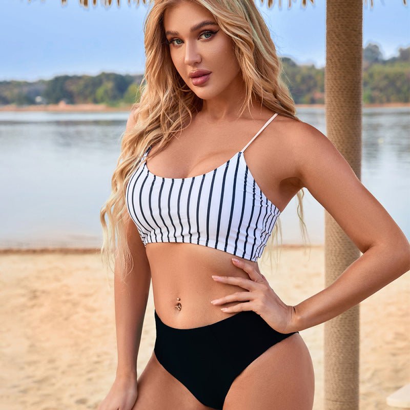 New high waist split bikini skinny swimsuit striped beach vacation bikini