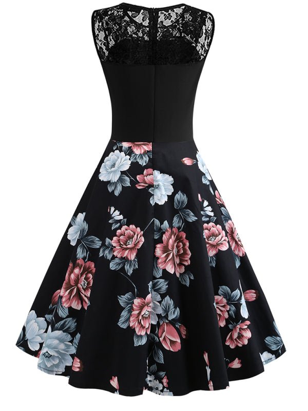 Neues, ärmelloses, bedrucktes Vintage-Kleid mit Spitzennähten