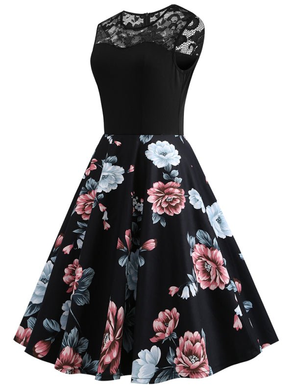 Neues, ärmelloses, bedrucktes Vintage-Kleid mit Spitzennähten
