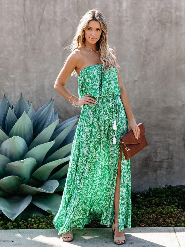 New leaf print off-the-shoulder ruffled slit dress