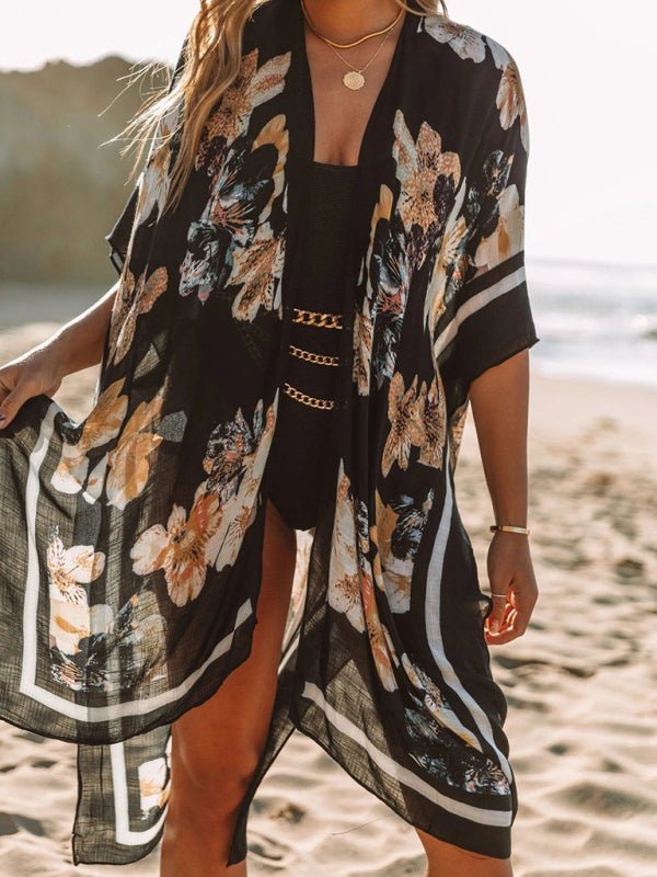 New mid-length slit chiffon printed beach sunscreen blouse holiday style