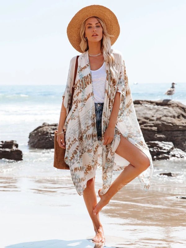 New mid-length slit chiffon printed beach sunscreen blouse holiday style