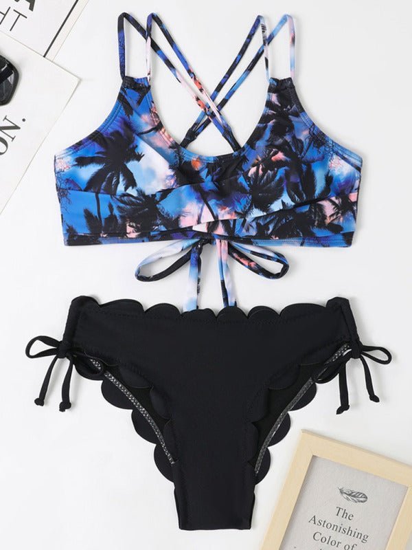 Neuer mehrfarbiger Kokosnussbaum-Druck mit lasergeschnittenen Blütenblättern, geteilter Bikini-Badeanzug für Damen 