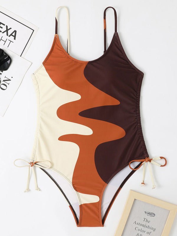 New One-Piece Swimsuit Multicolor Stitching Drawstring Corrugated Ladies Swimsuit