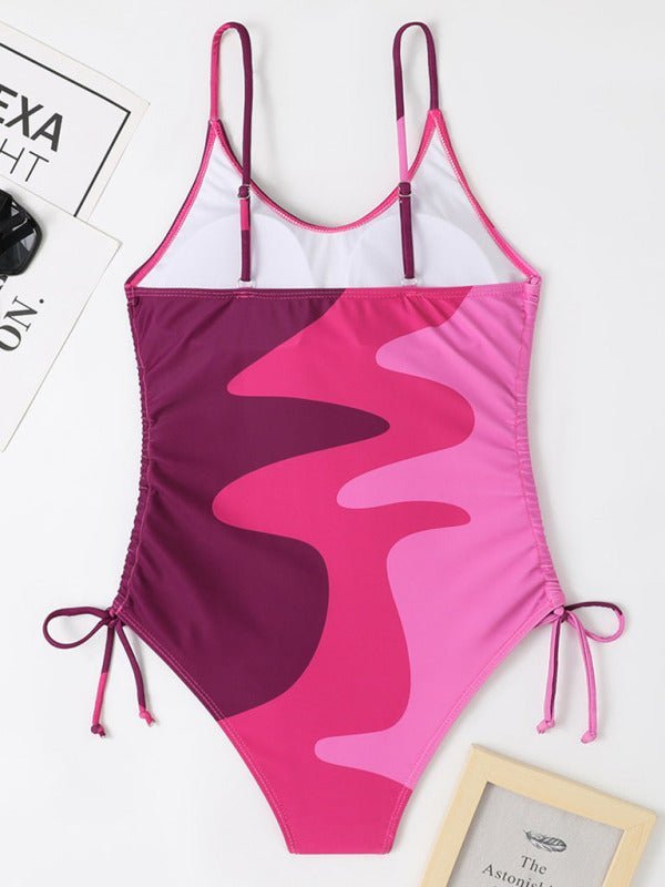 New One-Piece Swimsuit Multicolor Stitching Drawstring Corrugated Ladies Swimsuit