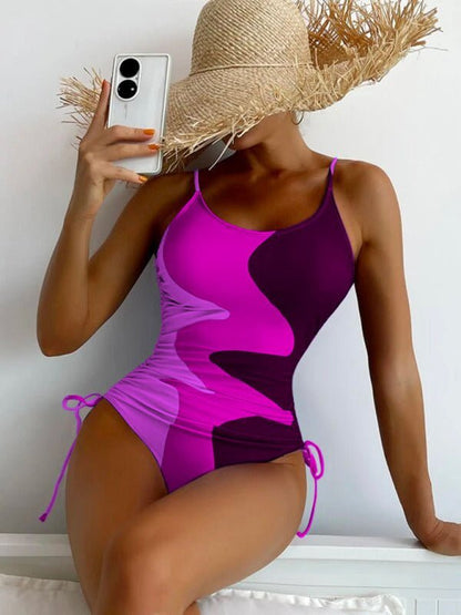 New One-Piece Swimsuit Multicolor Stitching Drawstring Corrugated Ladies Swimsuit