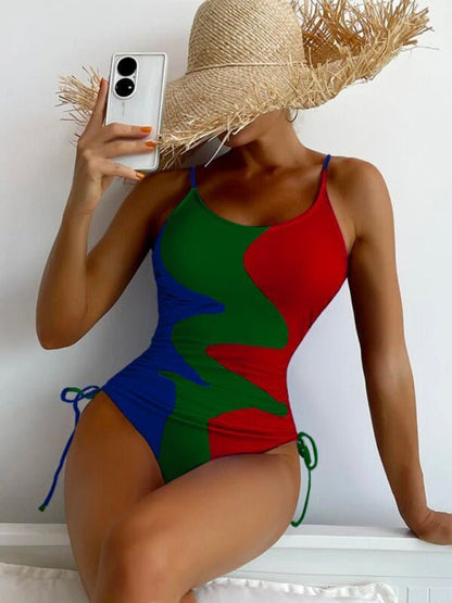 Nouveau Maillot de bain une pièce multicolore couture cordon ondulé dames maillot de bain 