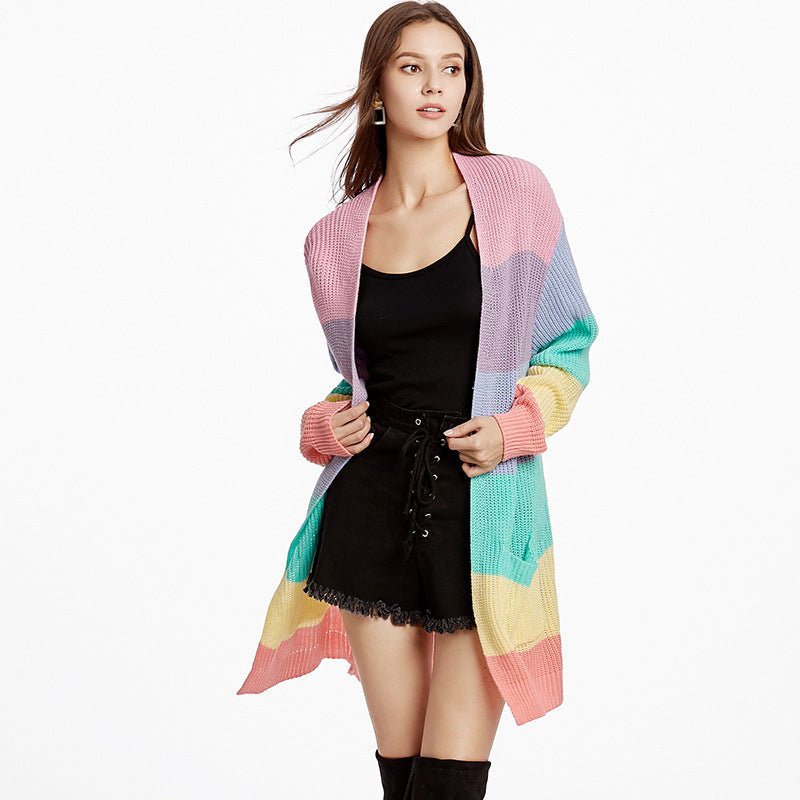 New Rainbow Color Loose Long Knit Cardigan Ladies Sweater Jacket