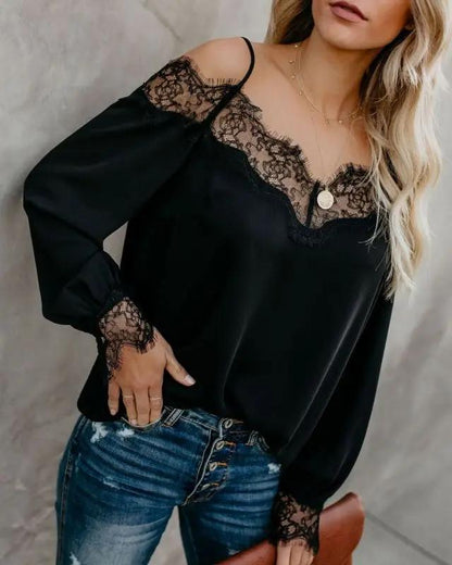 New Sexy Lace Splice Chiffon Long Sleeve V-Neck Top Solid T-Shirt