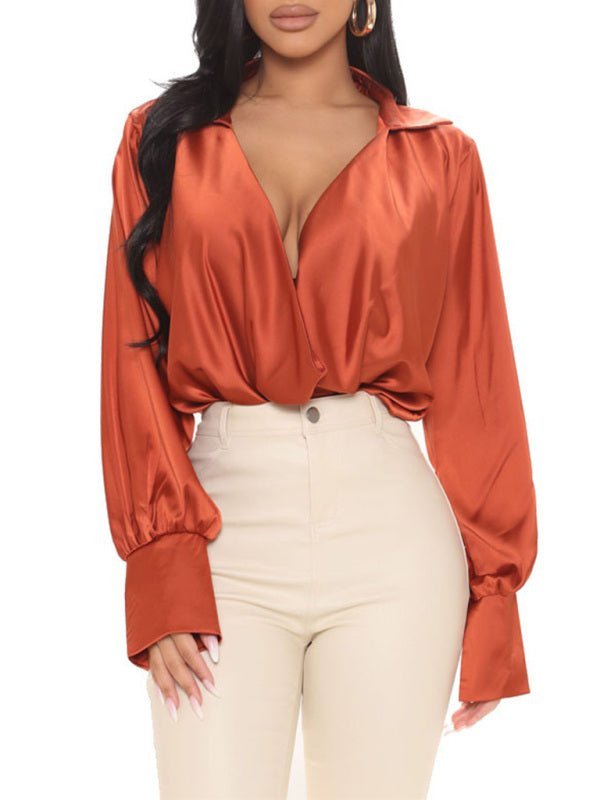 New sexy temperament long-sleeved deep V-neck satin all-match top