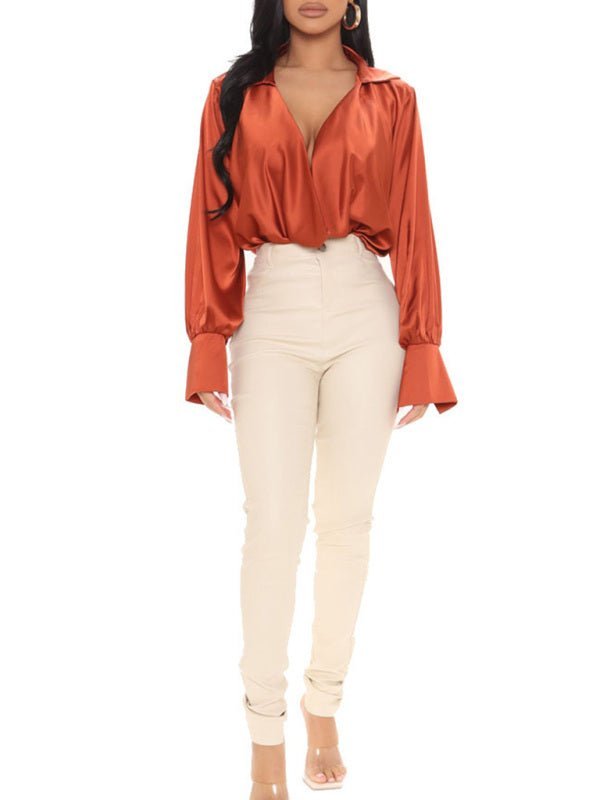 New sexy temperament long-sleeved deep V-neck satin all-match top