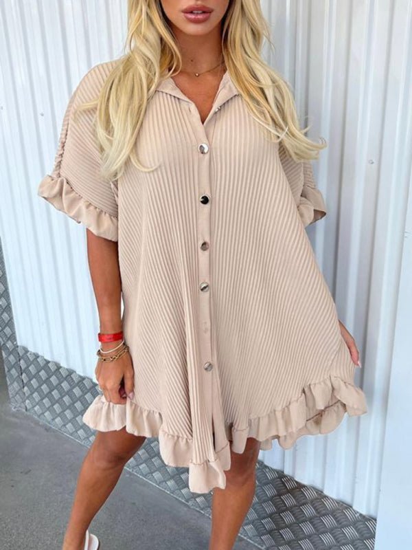 New Solid Color Shirt Dress Ruffle Sleeve Irregular Shirt Dress