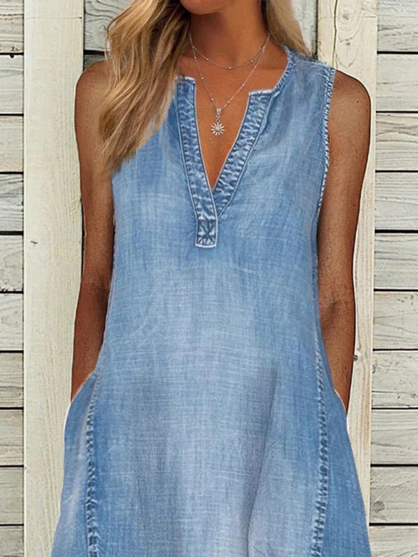 New solid color sleeveless V-neck loose casual denim dress