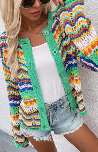 New Striped Loose Rainbow Knitted Cardigan