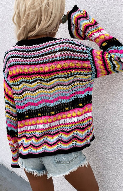 Nouveau Cardigan tricoté arc-en-ciel ample rayé 