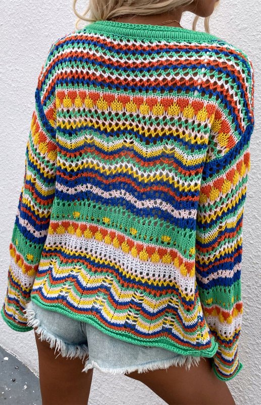 Nouveau Cardigan tricoté arc-en-ciel ample rayé 