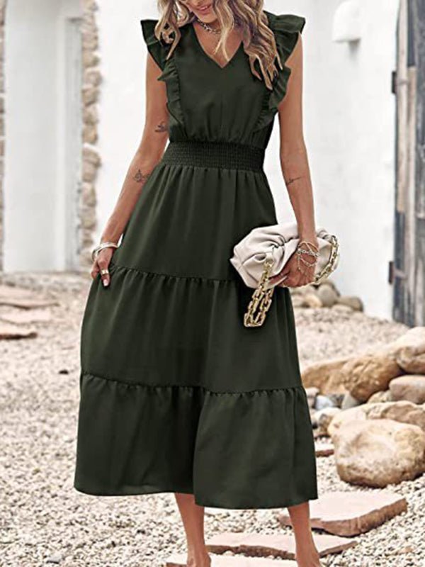 New style sleeveless V-neck waist pleated dress with wooden ears