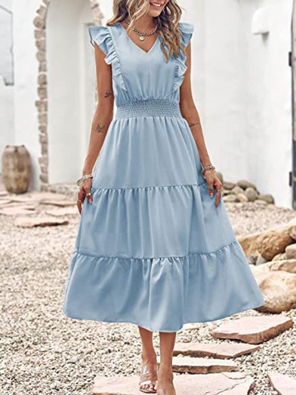 New style sleeveless V-neck waist pleated dress with wooden ears