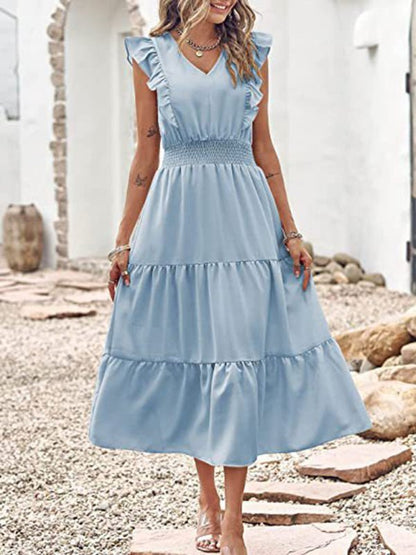 New style sleeveless V-neck waist pleated dress with wooden ears