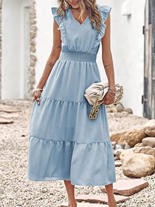 New style sleeveless V-neck waist pleated dress with wooden ears