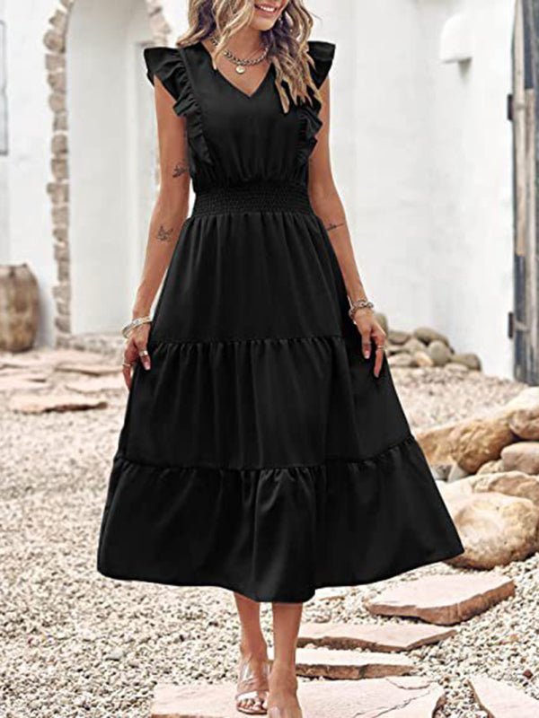 New style sleeveless V-neck waist pleated dress with wooden ears