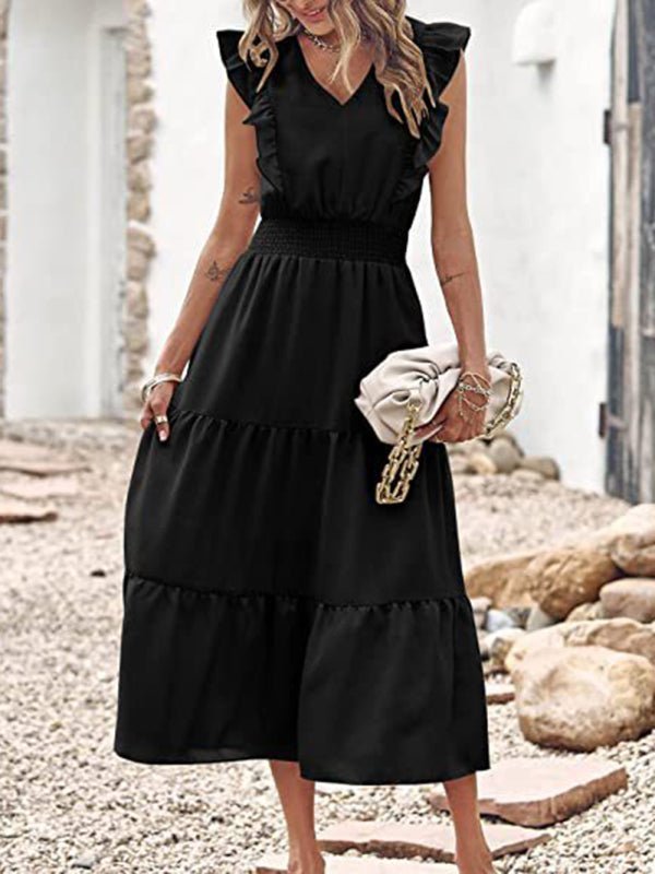 New style sleeveless V-neck waist pleated dress with wooden ears